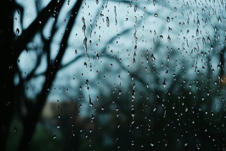 Rainy Day Window View with Raindrops, Blurred Trees Silhouette, Creating a Calm and Peaceful Moodの素材