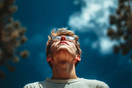 Young Man Embracing Nature s Beauty Finding Serenity in a Lush Forest Under Dramatic Skiesの素材
