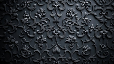 Elegant Black Floral Damask Pattern with Flourishes, Perfect for Seamless Background Designの素材