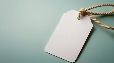 Blank white price tag mockup with textured rope on pastel surface for marketing and advertising use.の素材