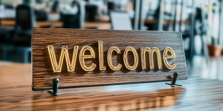 Rustic Wooden Welcome Sign on a Desk in a Modern Office, Perfect for Business and Hospitalityの素材