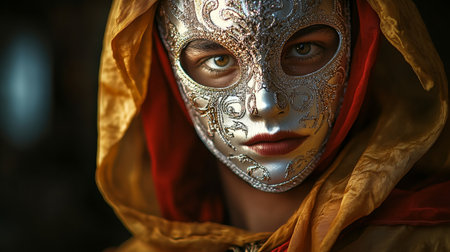 Mysterious Beauty Portrait of a Woman with Ornate Mask and Hooded Cloak, Concealing Her Identityの素材