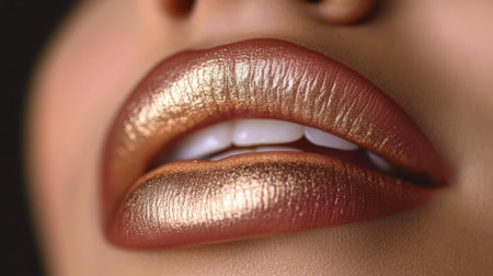Close-up Of Woman s Full Lips With Metallic Gold Lipstick, Emphasizing Glamour And Beauty Trendsの素材