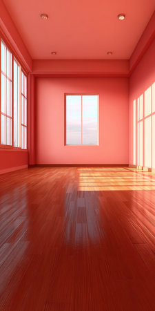Minimalist And Colorful Interior With Vivid Pink On Walls Wooden Brown, Empty Room With One Window.の素材