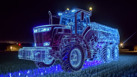 Holographic Projection of a Modern Farm Vehicle Visualization of Agricultural Technologyの素材