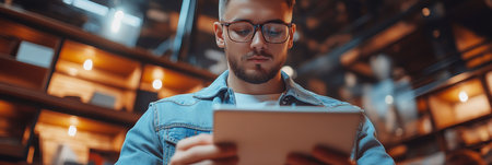 Young Man Using Digital Tablet with Blurry Bookshelf in Cafe Atmosphere, Technology and Lifestyle.の素材