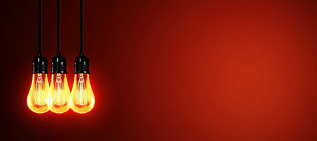 Illuminated Vintage Light Bulbs Suspended Against Dark Red Backdrop Creating a Warm Ambianceの素材