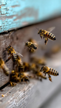 Closeup of Worker Bees at Work Near an Old Hive Painted Turquoise and Beige, Collecting Honeyの素材