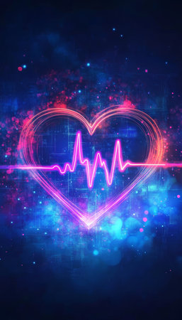 Neon Heartbeat Illustration with a Line Across, Symbolizing Health in Vibrant Pink and Blue Colorsの素材