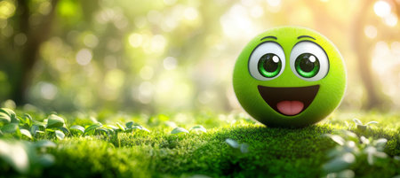 Happy 3D Fluffy Green Emoji with Big Eyes Sitting on Spring Field Grass in a Blurry Park Backgroundの素材