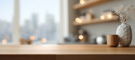 Modern Cozy Interior Featuring Empty Wooden Countertop with Vase and Cup, Perfect for Home Displaysの素材