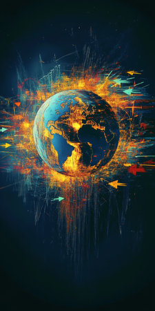 A Stunning Depiction of Earth Surrounded by Cosmic Light Trails Representing Global Connectivityの素材