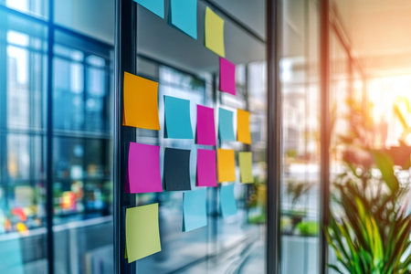 Brainstorming Session. Sticky Notes On Glass Wall. Strategic Planning And Teamwork Concept.の素材