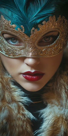 Glamorous Mysterious Brunette with Venetian Masks in a Stunning Carnival Disguise Portraitの素材