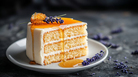 Lavender Infused Layered Cake with Honey Drip and Floral Decorations for Elegant Presentationの素材