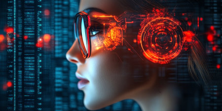 Contemporary Woman in Futuristic Glasses Projecting Holographic Binary Code and Cyberspace Elementsの素材