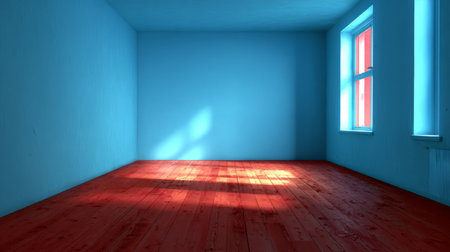Bright Azure Walls and Sunny Red Wood Floors Create a Serene Minimalist Interior with Window Viewsの素材