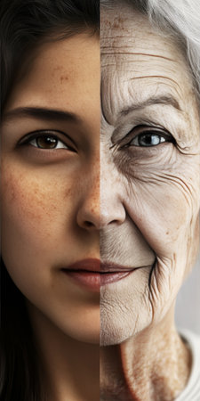 Aging Portrait Showcasing the Beautiful Transformation of a Woman s Face Over Time and Experienceの素材