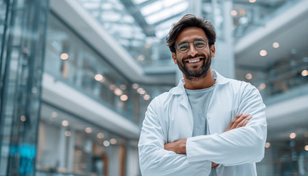 Smiling young healthcare professional with glasses in a modern setting, ready to assist.の素材