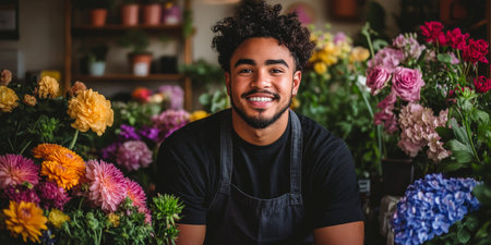 Smiling Male Florist Surrounded By Colorful Flowers in Retail Flower Shop, Business Owner Portraitの素材
