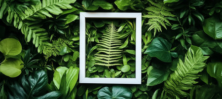 Lush Green Foliage Background With White Frame, Tropical Leaf Texture, Nature Conceptの素材