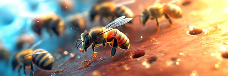 Close-up of Bees Gathering Nectar On Honeycomb Illuminated By Warm Sun. Sweet Liquid Gold.の素材