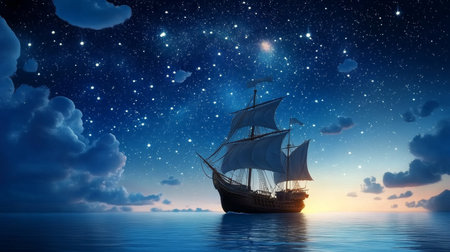 Majestic Vessel Riding the Dreamy Cosmic Waves Under a Starlit Canopy of Endless Possibilities.の素材
