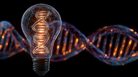 Innovative Genetic Research Concept with Glowing Helix and Waves Representing Scientific Advancementの素材