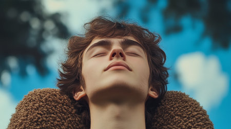 Young Man With Eyes Closed Enjoying Fresh Air, Finding Peace In Nature s Tranquility.の素材