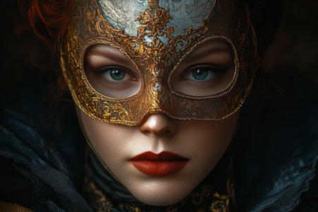 Elegant Portrait of a Mysterious Woman in an Ornate Venetian Mask at a Glamorous Evening Party Eventの素材