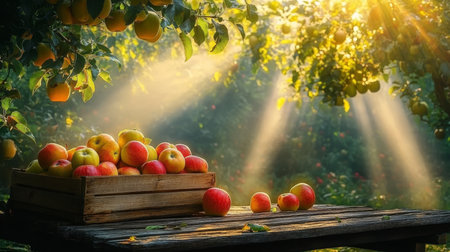 Vibrant orchard brimming with luscious apples, ready for harvest under bright blue summer skies.の素材