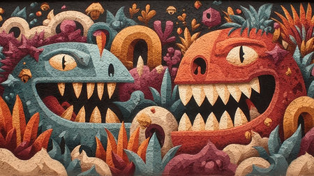 Vibrant Monsters in a Whimsical Graffiti Art Riot, Showcasing Bold Colors, Shapes, and Designsの素材