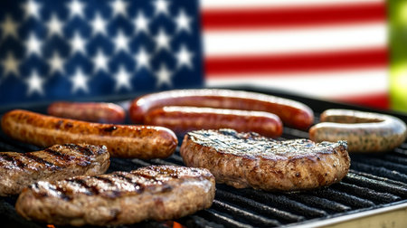 Delicious Barbecue Feast with Juicy Steaks and Sausages Grilling Under Stars and Stripes Bannerの素材