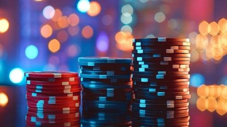 Stacks of Colorful Poker Chips in a Casino, Including Red, Blue, and Black, with a Bokeh Backgroundの素材