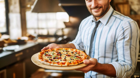 Proud Italian restaurant worker serving tasty pizza with fresh vegetables in cozy indoor space.の素材