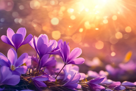 Vibrant Crocus Flowers Blooming in Spring Sunlight, Captured in a Dreamy Bokeh Landscape Sceneの素材