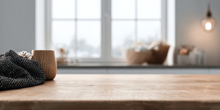 Minimalist Kitchen Interior with Natural Light, Wood Countertop, and Simple Home Decor Elementsの素材