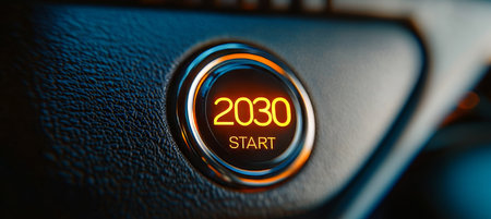 Illumination of a Modern Automobile Interior Featuring a Prominent Start Button and Steering Wheelの素材