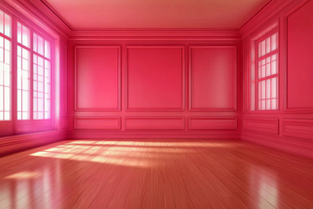 Minimalist Elegant Interior Design Featuring Delicate Pink Walls and Glossy Wooden Flooring in Roomの素材