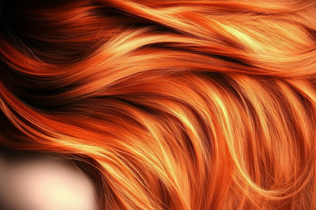 Stunning Flow of Long Ginger Hair with Red Shades, Radiant Gold and Bronze Pigments in Sunlightの素材