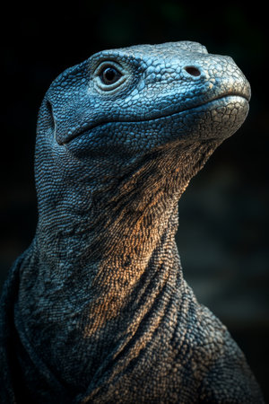 A Close-Up of the Majestic Komodo Dragon Showcasing Its Powerful Features on Dark Backgroundの素材