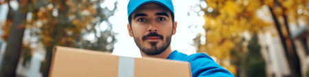 Friendly Male Courier Delivering Cardboard Package on the Street with Available Copy Spaceの素材