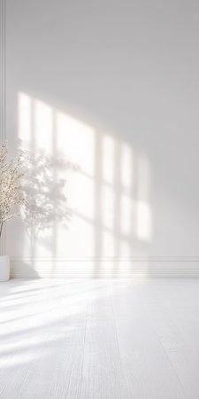 Spacious Bright Empty White Room Interior with Sunlight Streaming Through Windows, Ideal for Mockupsの素材