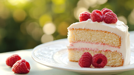 Indulgent Celebration Cake Slice with Fresh Raspberries and Creamy Frosting in Natural Settingの素材