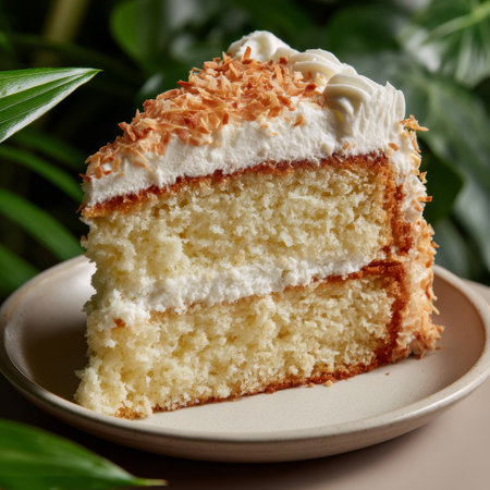 Slice of Coconut Cream Cake with Whipped Coconut Frosting on White Plate, Tropical Vibeの素材