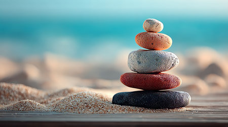 Tranquil Stacked Pebble Stones on a Serene Beach, Symbolizing Relaxation, Balance, and Inner Peaceの素材