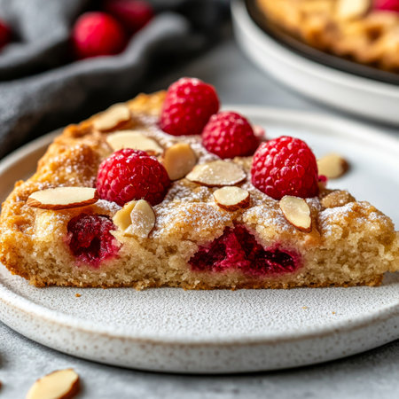 Almond Raspberry Cake Slice with Homemade Filling, Ideal for Celebrations and Holiday Eventsの素材