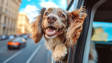 Joyful dog relishing the thrill of a car ride with its head out the window, feeling the wind blowの素材