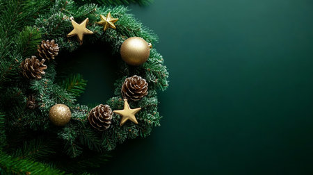 Elegant Festive Pine Twig Christmas Wreath Decor with Golden Baubles, Stars, and Cones Designの素材