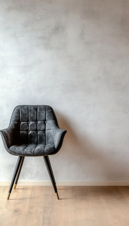 Elegant Dark Upholstered Dining Chair Against White Wall in Minimalistic Studio Interior Designの素材